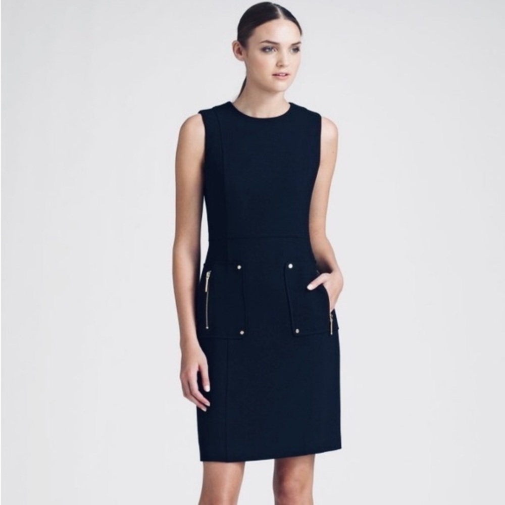 Tory Burch Petra Double-Crepe Navy Blue Wool Blend Sleeveless Sheath Dress Sz 2
